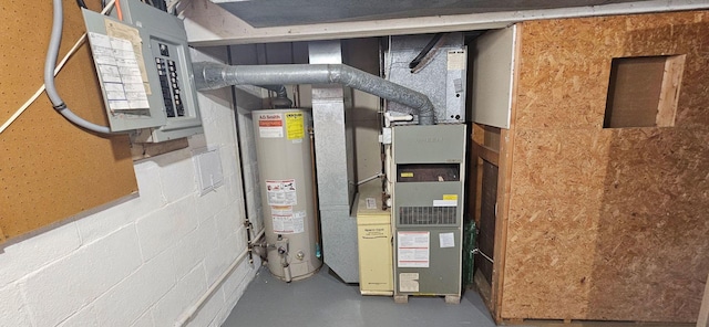 utility room featuring electric panel and water heater