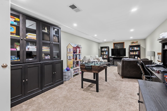 game room with recessed lighting, visible vents, and light carpet