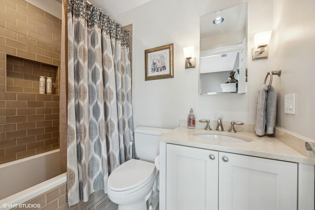 full bathroom with toilet, vanity, and shower / bathtub combination with curtain