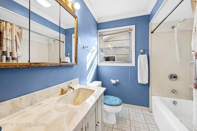 bathroom featuring vanity, baseboards, ornamental molding, shower / tub combo, and toilet