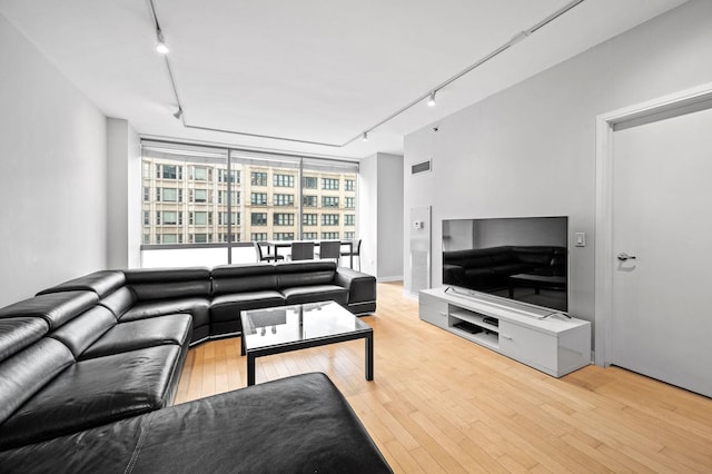 living room featuring wood-type flooring and rail lighting