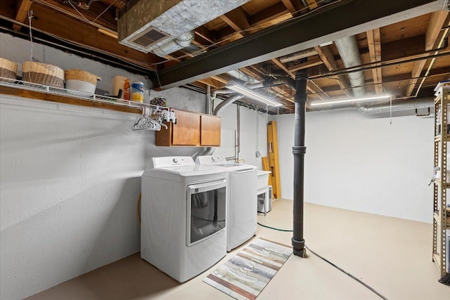 laundry area with visible vents, cabinet space, and washer and clothes dryer