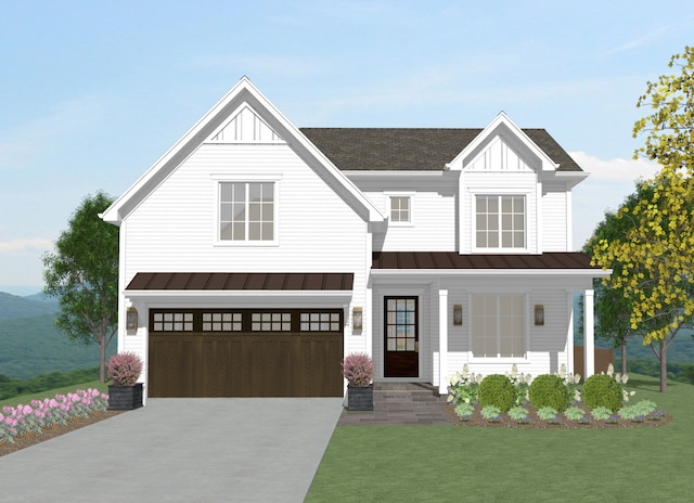 modern inspired farmhouse with a garage, a front lawn, and covered porch