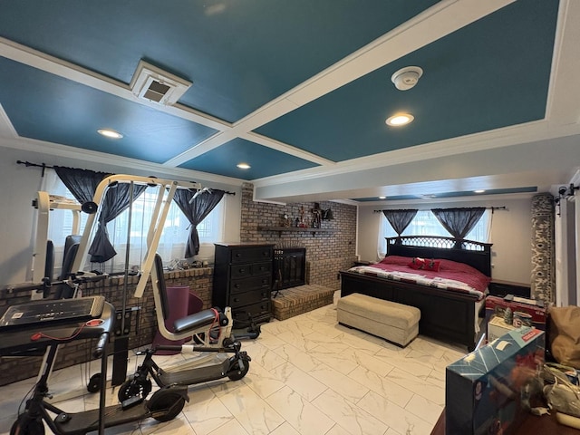 bedroom featuring ornamental molding, coffered ceiling, and a fireplace