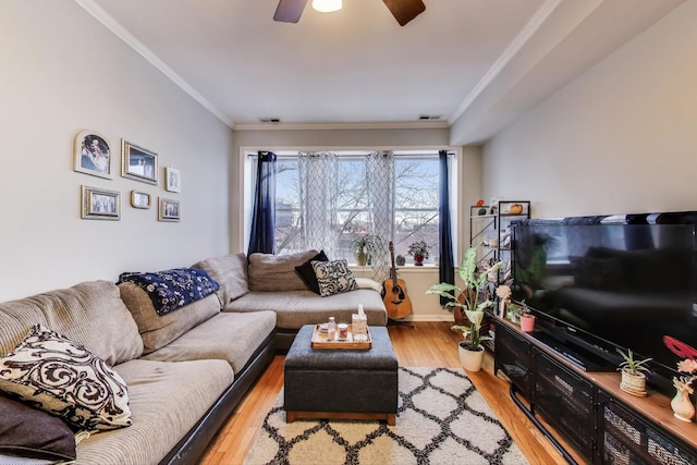 living room featuring crown molding, ceiling fan, visible vents, and light wood-style floors