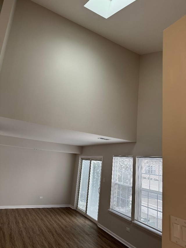 spare room featuring dark wood-type flooring and a skylight