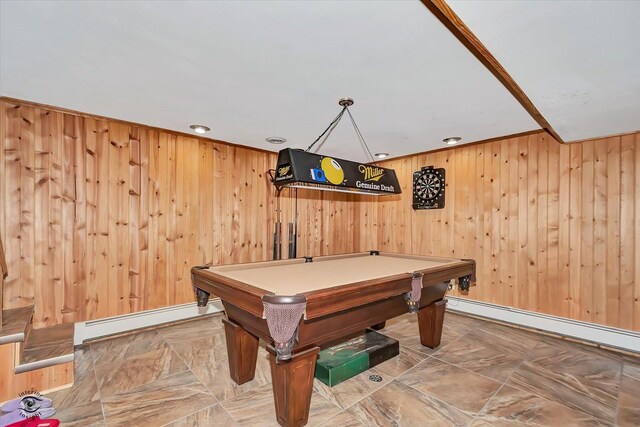 recreation room featuring a baseboard heating unit, billiards, and wooden walls