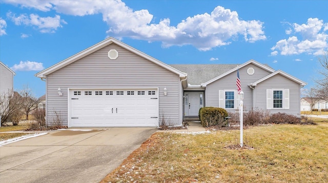 single story home with a garage, concrete driveway, and a front yard