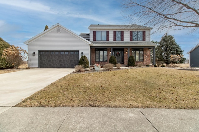 traditional home featuring brick siding, a front lawn, concrete driveway, and a garage