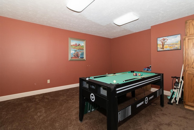 playroom featuring baseboards, carpet floors, a textured ceiling, and pool table