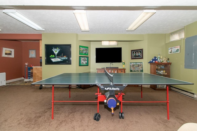 rec room with electric panel, carpet flooring, a textured ceiling, and a baseboard radiator