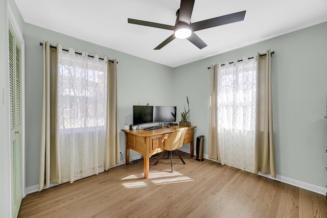 office space featuring ceiling fan, light wood-style flooring, and baseboards