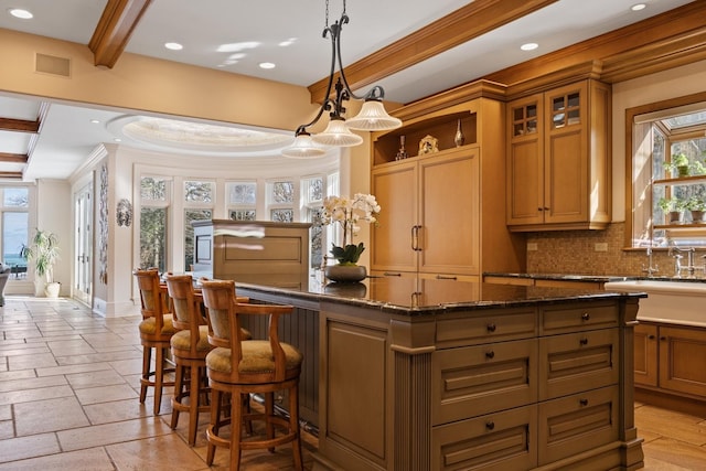 bar featuring pendant lighting, crown molding, stone tile floors, visible vents, and decorative backsplash