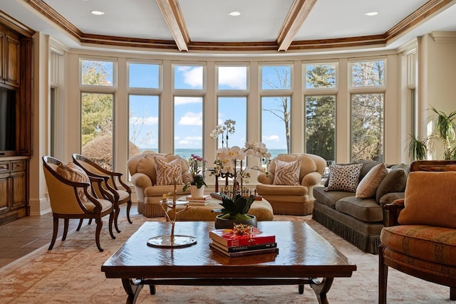 sunroom with beamed ceiling