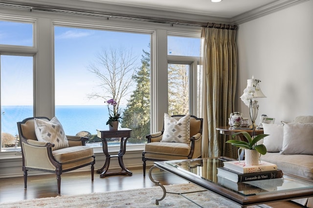 sitting room featuring ornamental molding, a water view, and wood finished floors