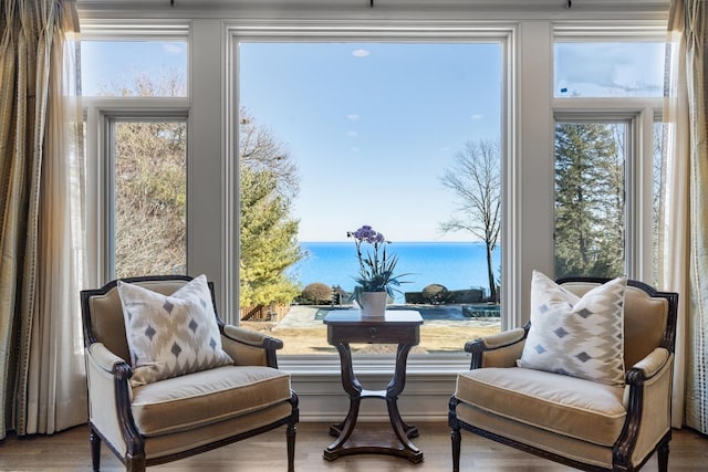 living area with a water view and wood finished floors