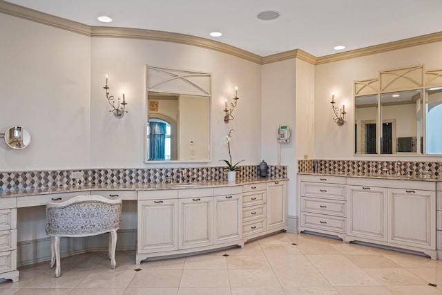 full bath featuring tile patterned flooring, crown molding, vanity, and recessed lighting