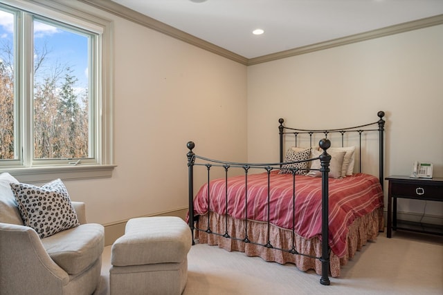 bedroom featuring ornamental molding, recessed lighting, and carpet floors