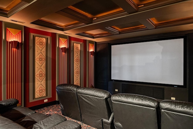 cinema with visible vents, coffered ceiling, crown molding, and beamed ceiling