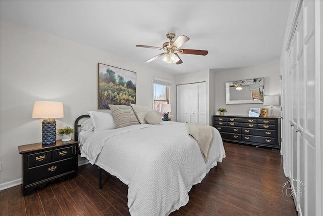 bedroom featuring a closet, ceiling fan, and dark hardwood / wood-style floors