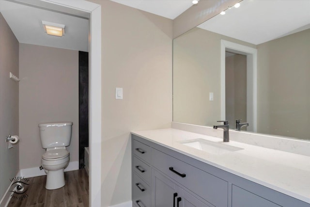 bathroom with toilet, vanity, baseboards, and wood finished floors