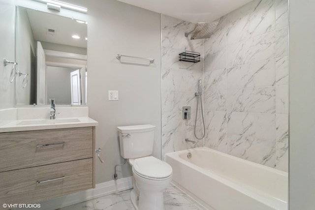 full bathroom with tiled shower / bath combo, vanity, and toilet