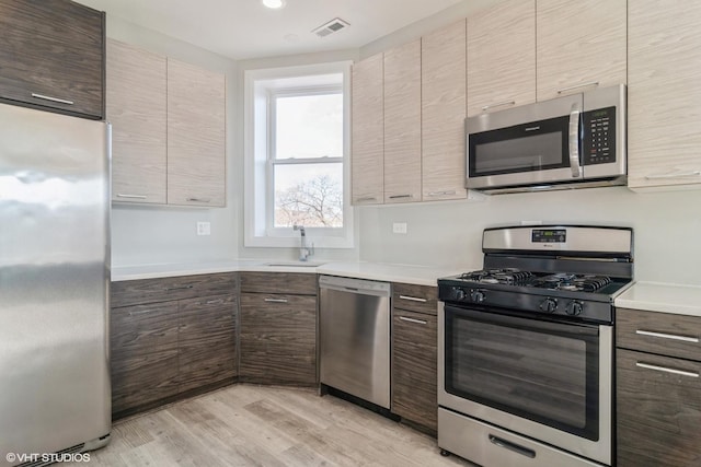 kitchen featuring stainless steel appliances, sink, and light wood-type flooring