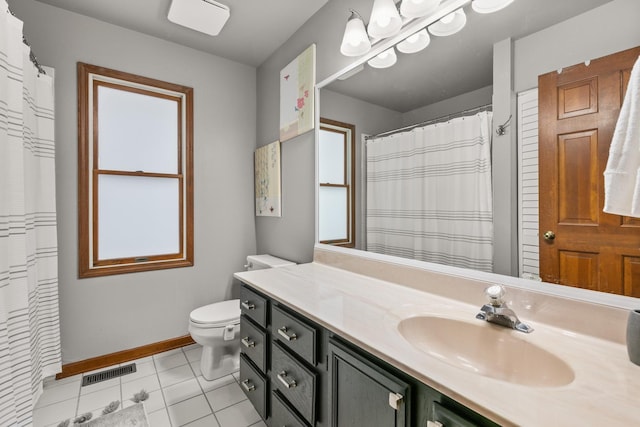 full bathroom with baseboards, visible vents, toilet, tile patterned floors, and vanity