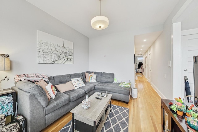 living area featuring baseboards and wood finished floors