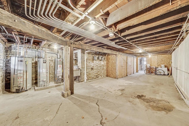 unfinished basement featuring water heater