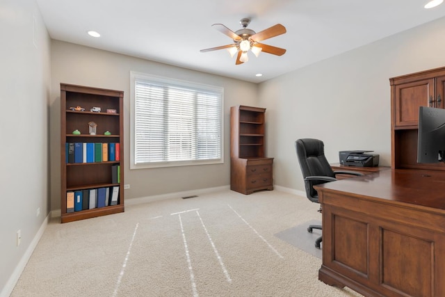 office featuring a ceiling fan, baseboards, carpet flooring, and recessed lighting