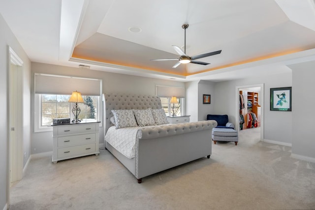 bedroom featuring a raised ceiling, light carpet, a spacious closet, and baseboards