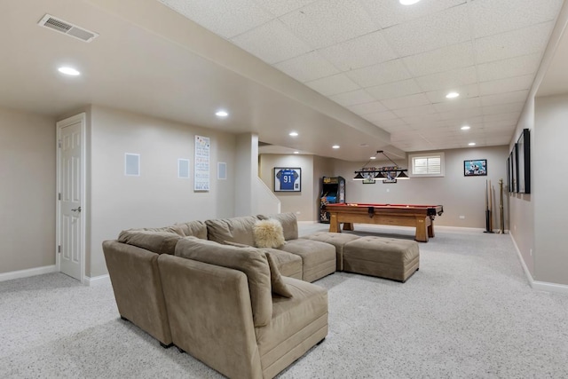 rec room featuring baseboards, visible vents, and recessed lighting