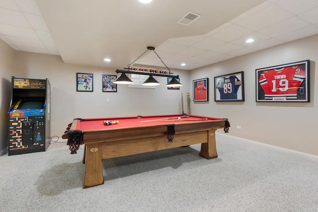 game room featuring recessed lighting, visible vents, a drop ceiling, billiards, and baseboards