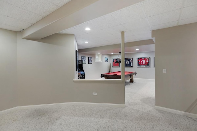 recreation room with a drop ceiling, recessed lighting, carpet floors, billiards, and baseboards