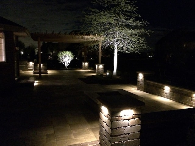 patio at twilight with a pergola