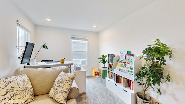 carpeted home office with recessed lighting