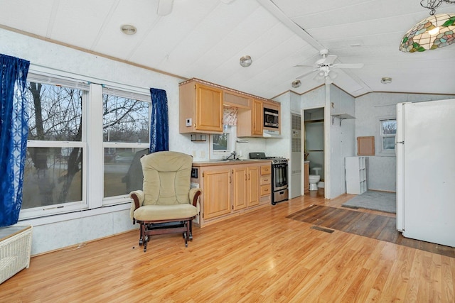 kitchen featuring lofted ceiling, light wood-style flooring, appliances with stainless steel finishes, light brown cabinetry, and a sink