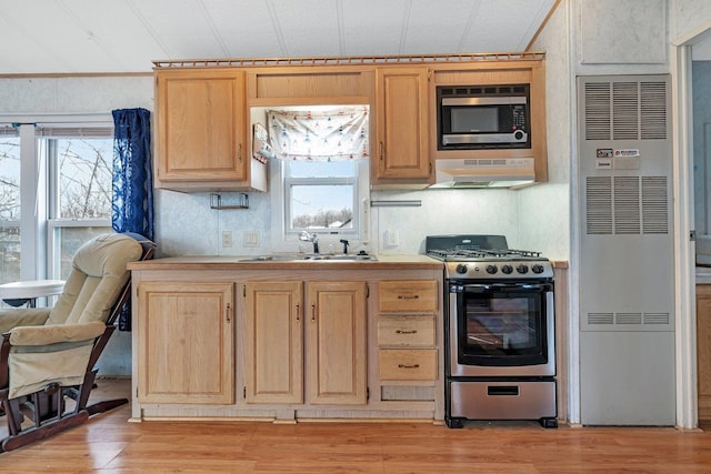 kitchen featuring light brown cabinetry, appliances with stainless steel finishes, a sink, and under cabinet range hood