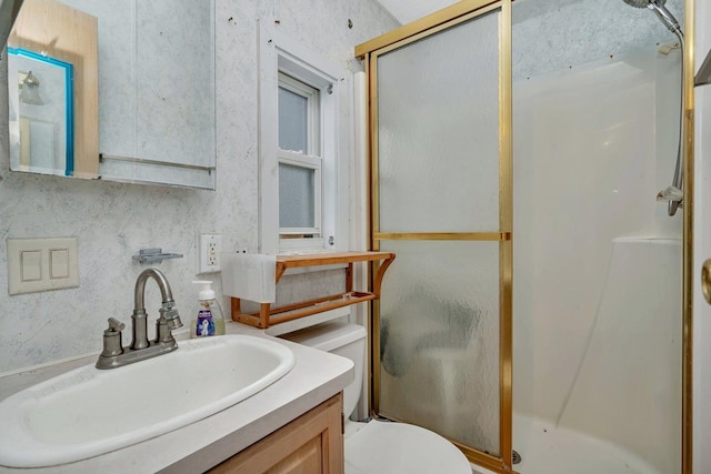 bathroom featuring toilet, a shower stall, and vanity