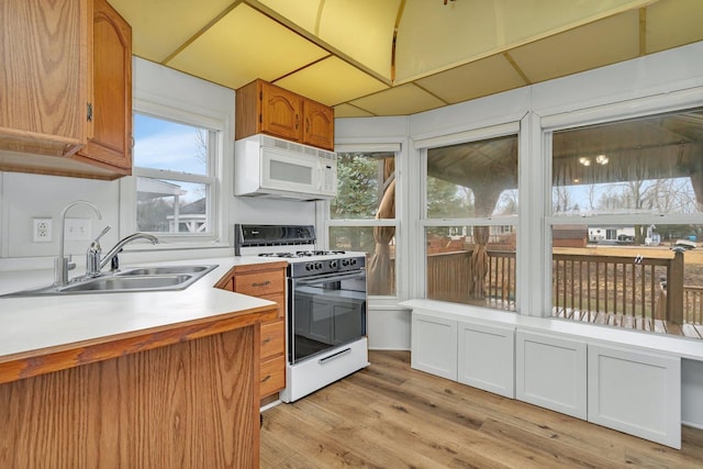 kitchen with light countertops, brown cabinetry, a sink, light wood-type flooring, and white appliances