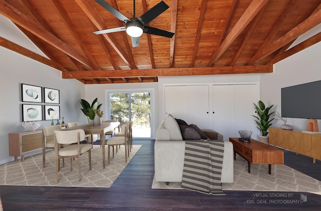 dining area with ceiling fan, hardwood / wood-style flooring, lofted ceiling with beams, and wooden ceiling