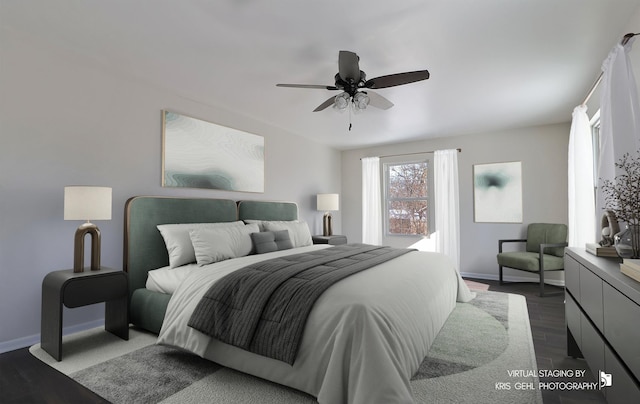 bedroom featuring ceiling fan and dark hardwood / wood-style floors