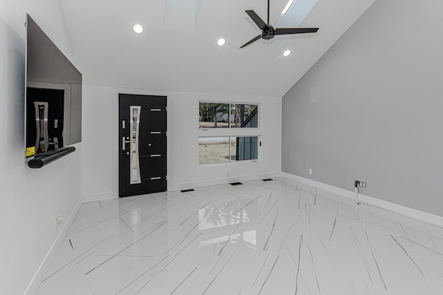 entrance foyer with lofted ceiling and ceiling fan