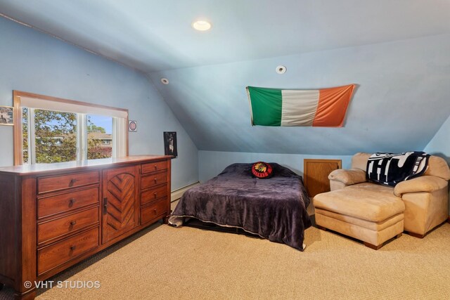 bedroom featuring recessed lighting, baseboard heating, vaulted ceiling, and carpet floors