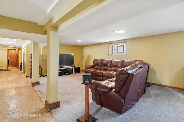 living room featuring light colored carpet and baseboards