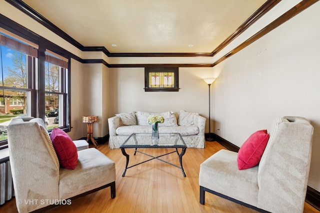 living room with baseboards, ornamental molding, and wood finished floors