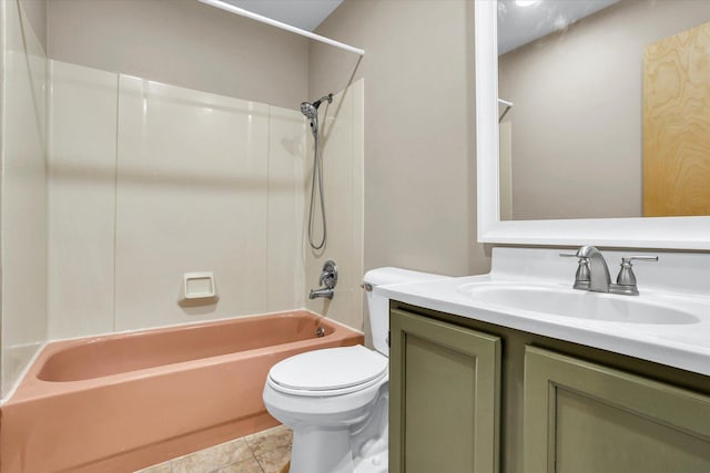 full bathroom with shower / washtub combination, vanity, toilet, and tile patterned floors