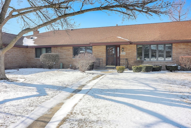 view of front of home featuring a shingled roof and brick siding