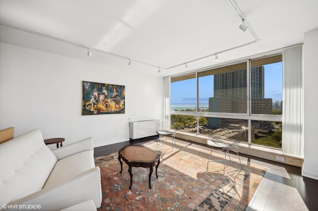 living room featuring floor to ceiling windows, wood-type flooring, radiator heating unit, and track lighting